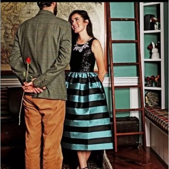 Anthropologie Leifsdottir Black Sequins Striped Sleeveless Dress Teal Midi Sz 2 - Picture 2 of 12
